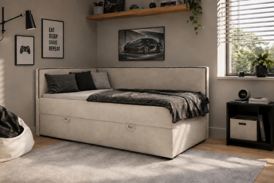 Gina Kindersofa beige in einem modern dekorierten Jugendzimmer.