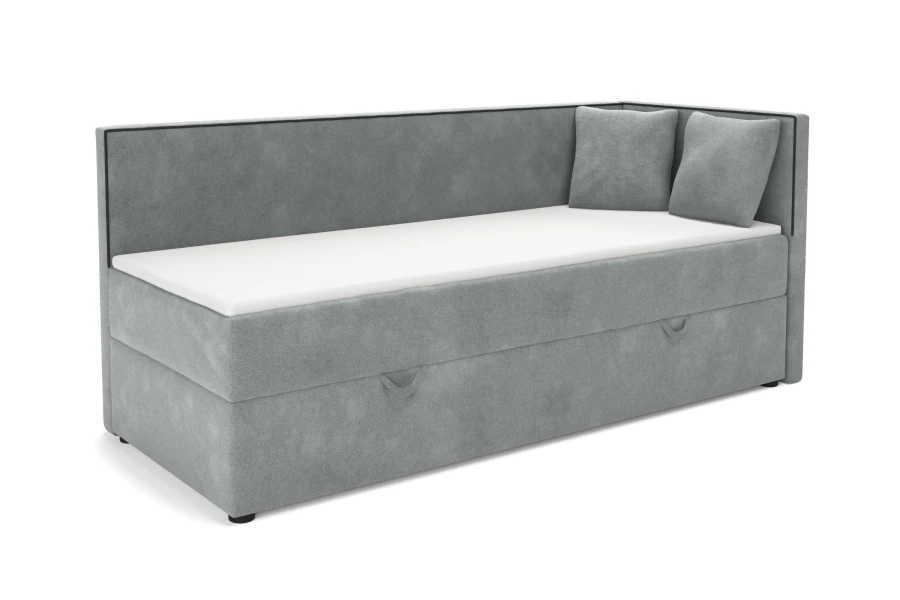 Graues Gina Kindersofa mit zwei passenden Kissen, Ansicht von rechts.