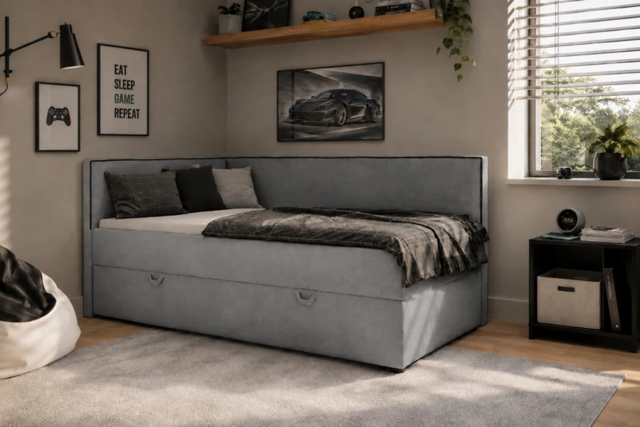 Graues Gina Kindersofa im coolen Jugendzimmer für Jungen.