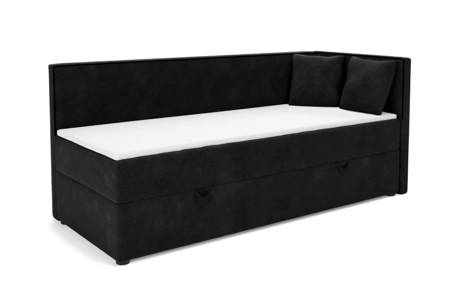 Schwarzes Eck-Schlafsofa mit weißer Matratze und zwei Kissen vor weißem Hintergrund, Rechtsansicht.