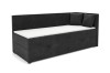 Anthrazitfarbenes Eck-Bettsofa mit Bettkasten und weißen Polstern, freigestellt auf Weiß.