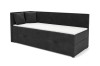 Schwarzes Eck-Schlafsofa mit Stauraum und zwei Dekokissen, Ansicht von links.