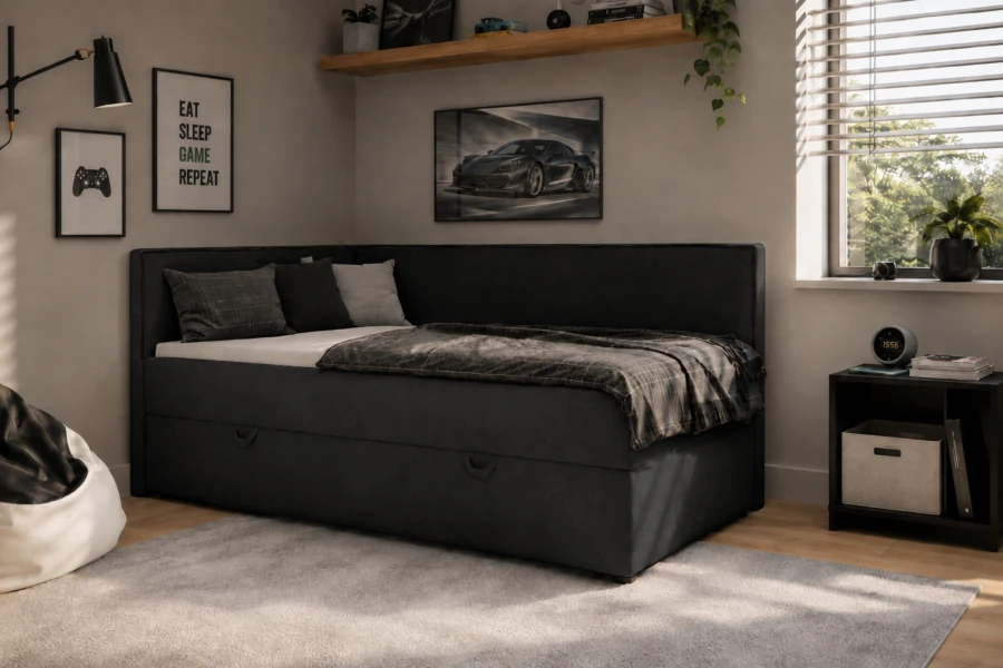 Gemütliches schwarzes Eckbett in einem stilvollen Jungenzimmer mit Wanddekoration.
