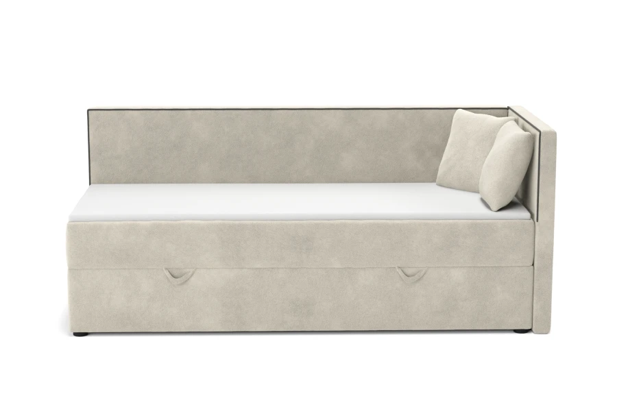 Minimalistisches beiges Ecksofa mit weißer Liegefläche und zwei Kissen.