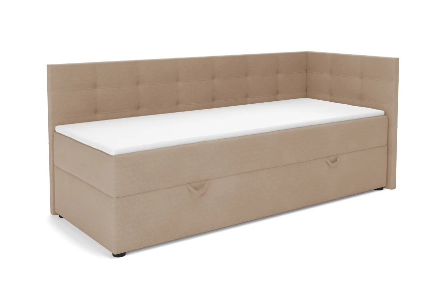 Freigestelltes Polsterbett in Beige mit integriertem Bettkasten.