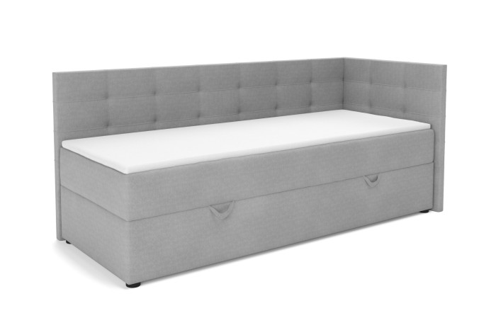 Favio Kindersofa in Hellgrau, Polsterbett mit Bettkasten und weißer Matratze, Seitenansicht links.