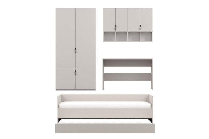 Komplette Kinderzimmermöbel in Hellgrau mit Kleiderschrank, Schreibtisch und Ausziehbett.