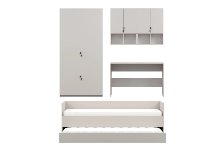 Komplette Kinderzimmermöbel in Hellgrau mit Kleiderschrank, Schreibtisch und Ausziehbett.