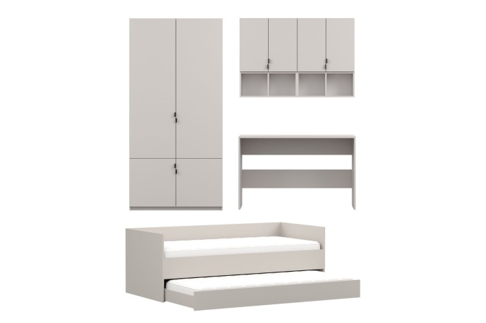 Jugendzimmer-Set in Beige mit Kleiderschrank, Hängeregalen und praktischem Ausziehbett.