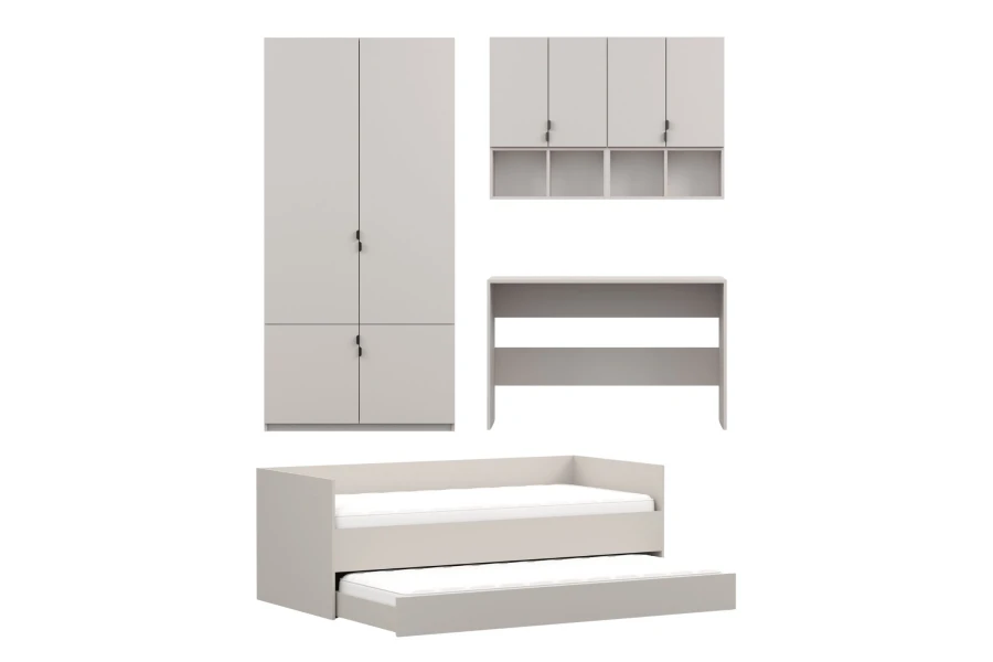 Jugendzimmer-Set in Beige mit Kleiderschrank, Hängeregalen und praktischem Ausziehbett.