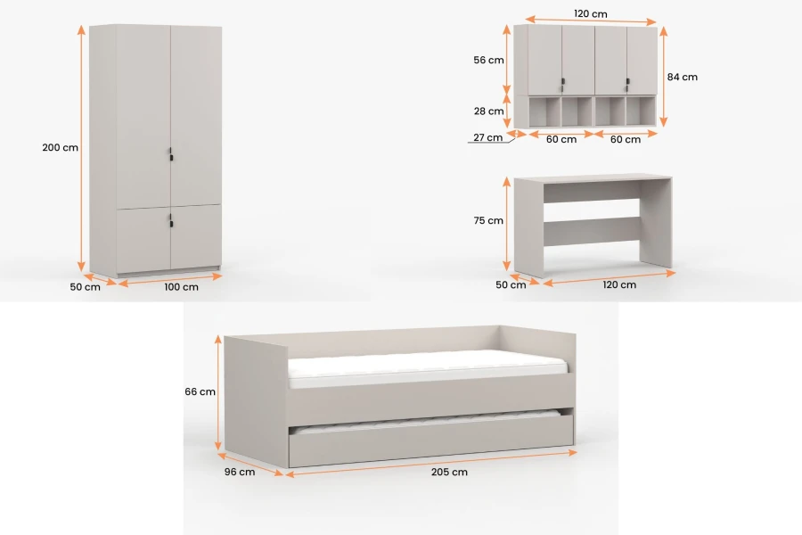 Maßangaben für Kinderzimmermöbel: Kleiderschrank, Schreibtisch, Wandregal und Funktionsbett.