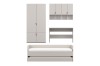 Übersicht des Möbel-Sets: 2-türiger Kleiderschrank, Schreibtisch, Wandboard und Bett mit Gästebett.