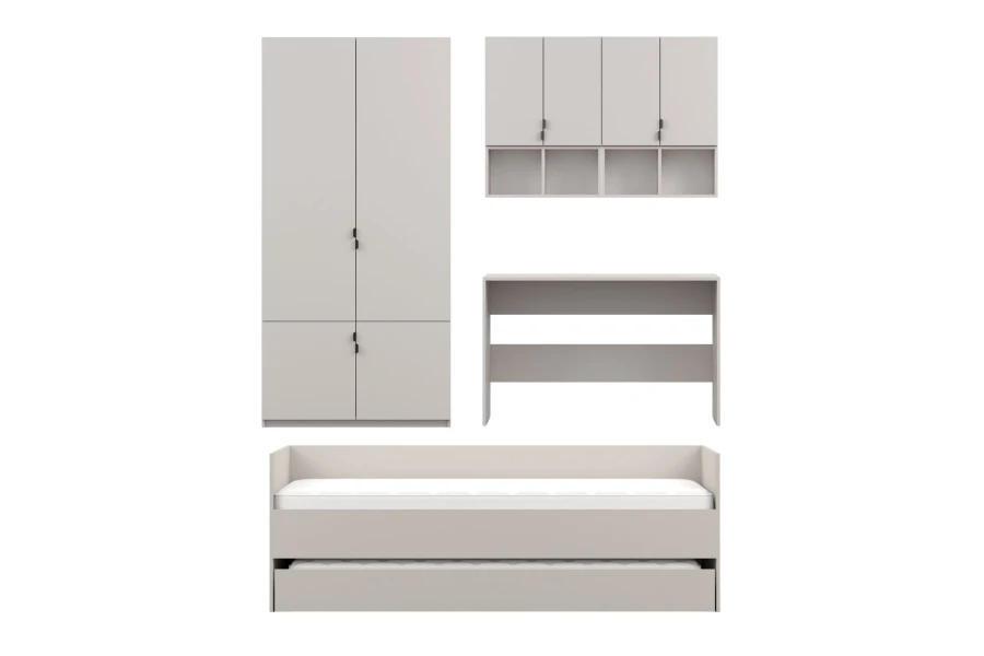 Übersicht des Möbel-Sets: 2-türiger Kleiderschrank, Schreibtisch, Wandboard und Bett mit Gästebett.