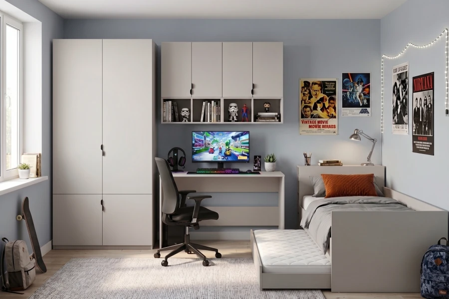 Modernes Jugendzimmer-Set in Grau mit Schreibtisch, Kleiderschrank und Funktionsbett.