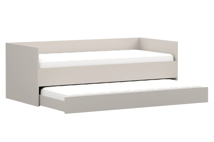 Ausziehbares Gästebett in Beige mit zwei Matratzen, perspektivische Vorderansicht.