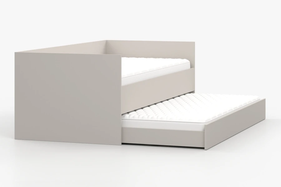 Modernes Funktionsbett in Beige mit ausziehbarer zweiter Liegefläche, Seitenansicht.