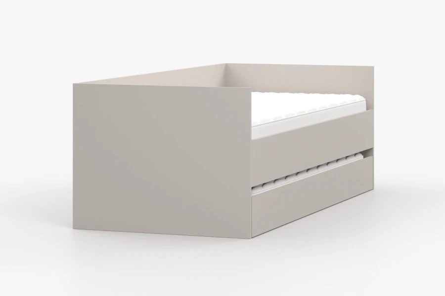 Kompaktes Kinderbett in hellem Grau mit integriertem Ausziehbett, geschlossen.