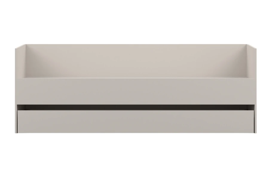 Minimalistisches Funktionsbett in Beige ohne Matratzen, gerade Frontalansicht.