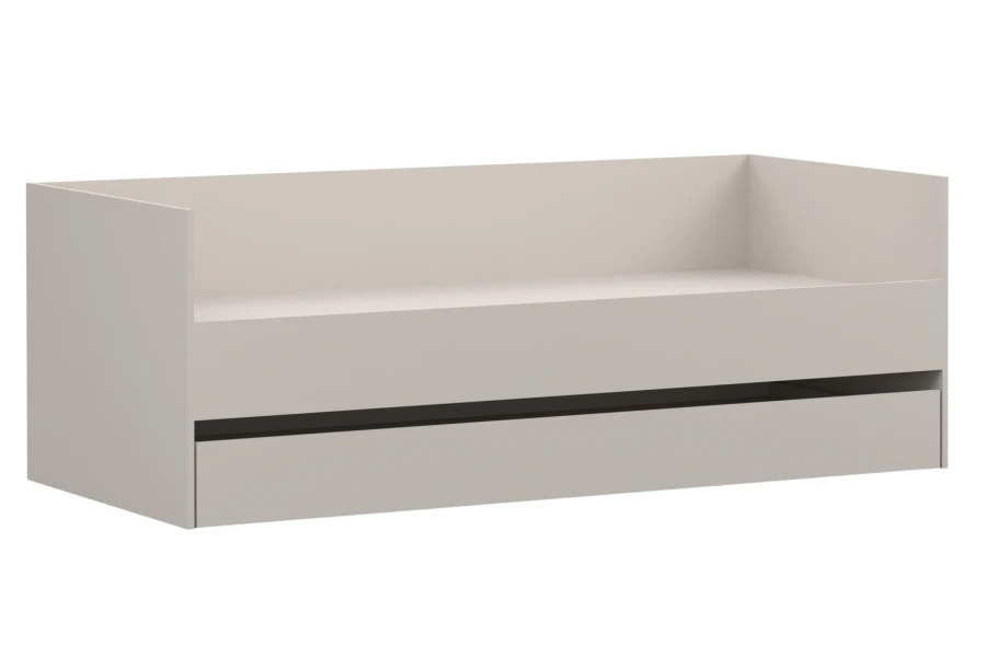 Modernes beiges Ausziehbett mit zweiter Schlafgelegenheit, minimalistisches Design für Jugendzimmer.