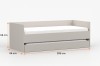 Beiges Funktionsbett mit Maßen: 205 cm Länge, 96 cm Breite und 66 cm Höhe, inklusive Matratzen.