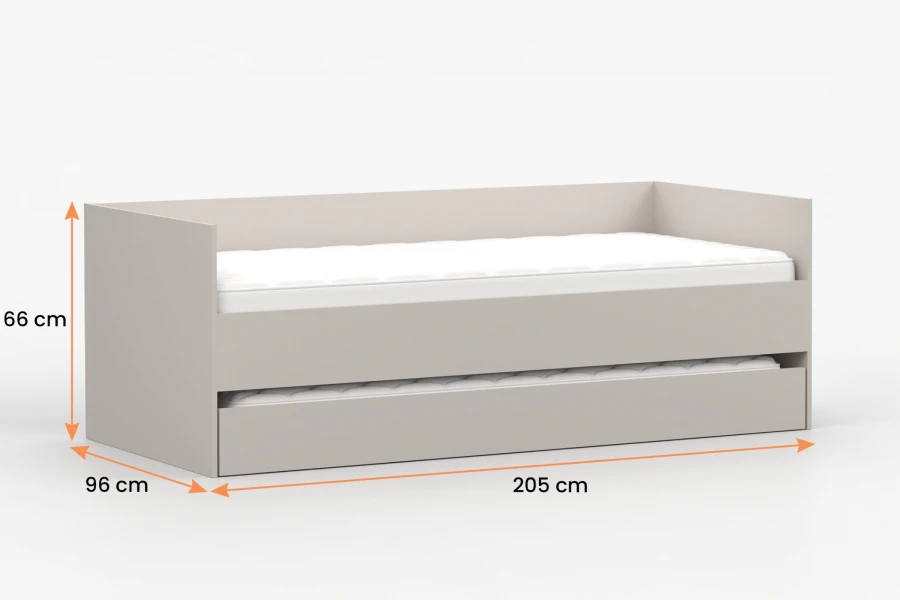Beiges Funktionsbett mit Maßen: 205 cm Länge, 96 cm Breite und 66 cm Höhe, inklusive Matratzen.
