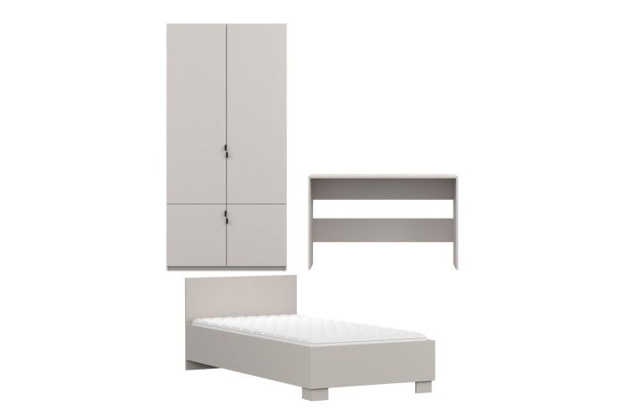 3-teiliges Möbelset in Beige bestehend aus Kleiderschrank, Schreibtisch und Einzelbett für Kinder.