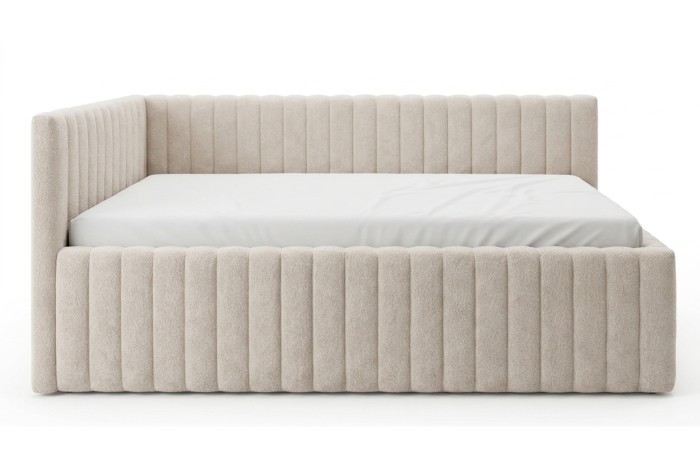 Gemütliches Eckbett in Beige mit weißer Matratze und stilvoller vertikaler Steppung.