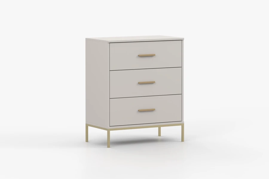 Kompakte Kommode in Beige mit drei Schubladen, goldenen Griffen und eleganten Metallfüßen.