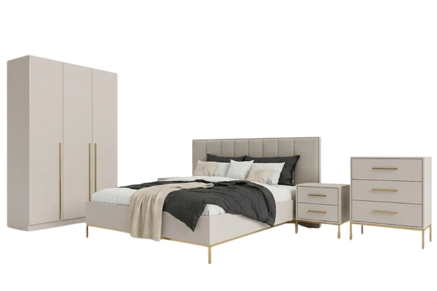 Komplettes Schlafzimmer-Set in Beige bestehend aus Kleiderschrank, Bett, Nachttisch und Kommode.