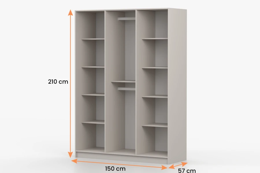 Innenansicht eines Kleiderschranks mit Maßen 210x150x57 cm und Regalfächern.
