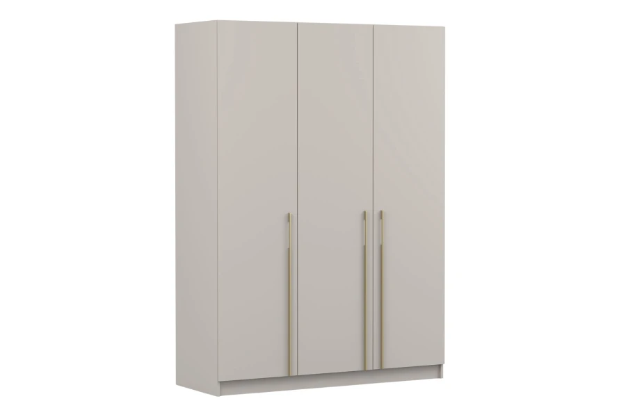 Moderner 3-türiger Schrank in Beige mit schlanken Gold-Griffen in Seitenansicht.