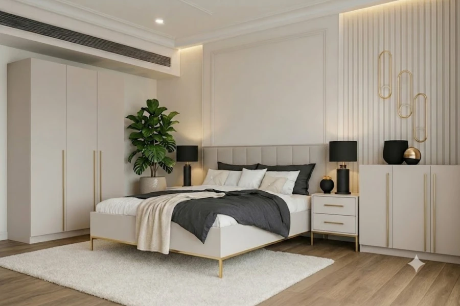 Modernes Schlafzimmer-Set beige: Bett, Kleiderschrank, Kommode und Nachttische.