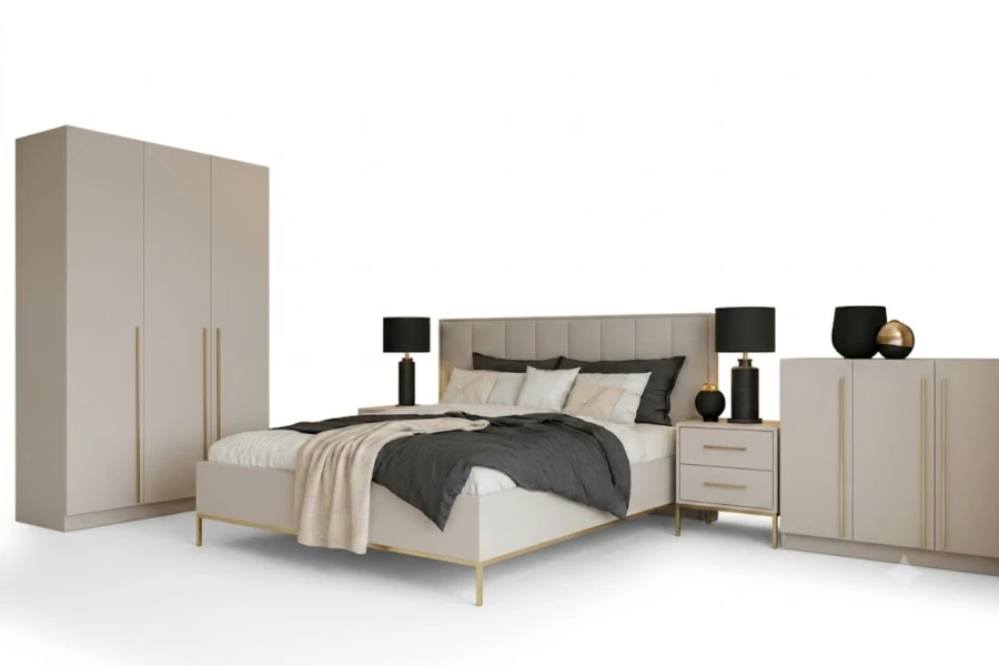 Komplettes Schlafzimmer-Möbelset in Beige und Anthrazit auf weißem Hintergrund.