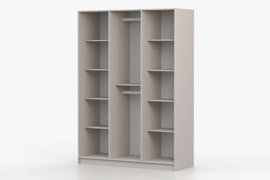 Beiger Kleiderschrank innen mit praktischer Facheinteilung und Kleiderstange.