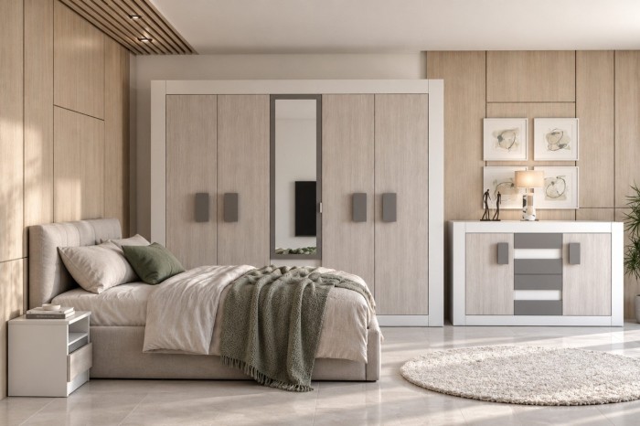 Komplettes Schlafzimmer-Set Heaven mit Kleiderschrank, Bett und Kommode in heller Holzoptik.