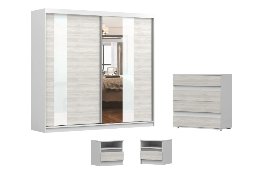 Möbel-Set Heaven: Schwebetürenschrank mit Spiegel, hohe Kommode und zwei Nachttische in Weiß-Eiche.