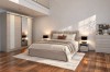 Schlafzimmer-Einrichtung Heaven mit Schwebetürenschrank, Polsterbett und Kommode in heller Holzoptik.