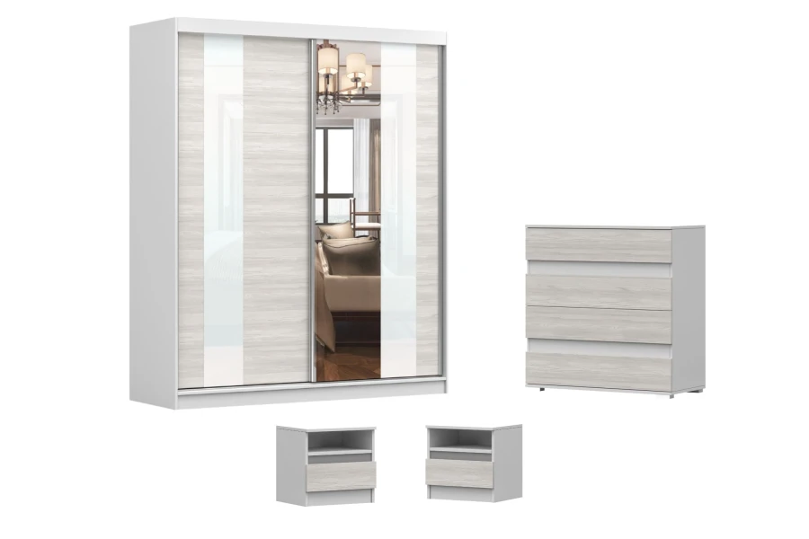 Schlafzimmer-Set: Weißer Schwebetürenschrank mit Spiegel, Kommode und zwei Nachtschränken in Eichenoptik.