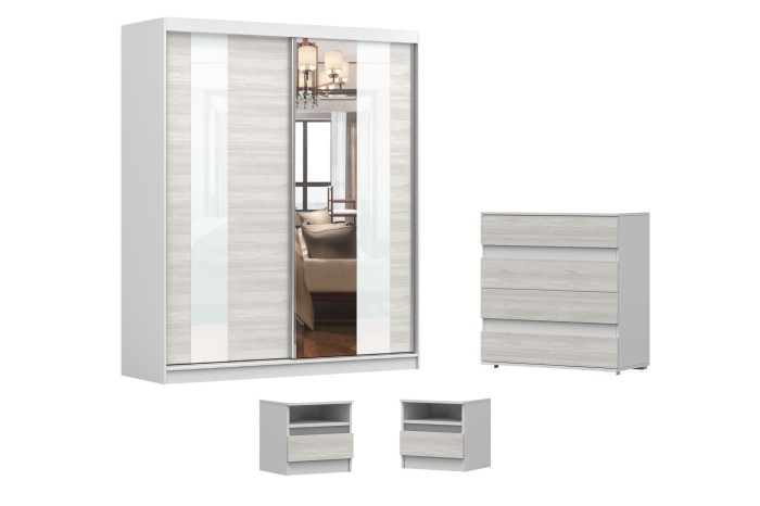 Komplettes Schlafzimmer-Möbelset in Weiß und Eiche mit großem Spiegelschrank, Kommode und Nachtischen.