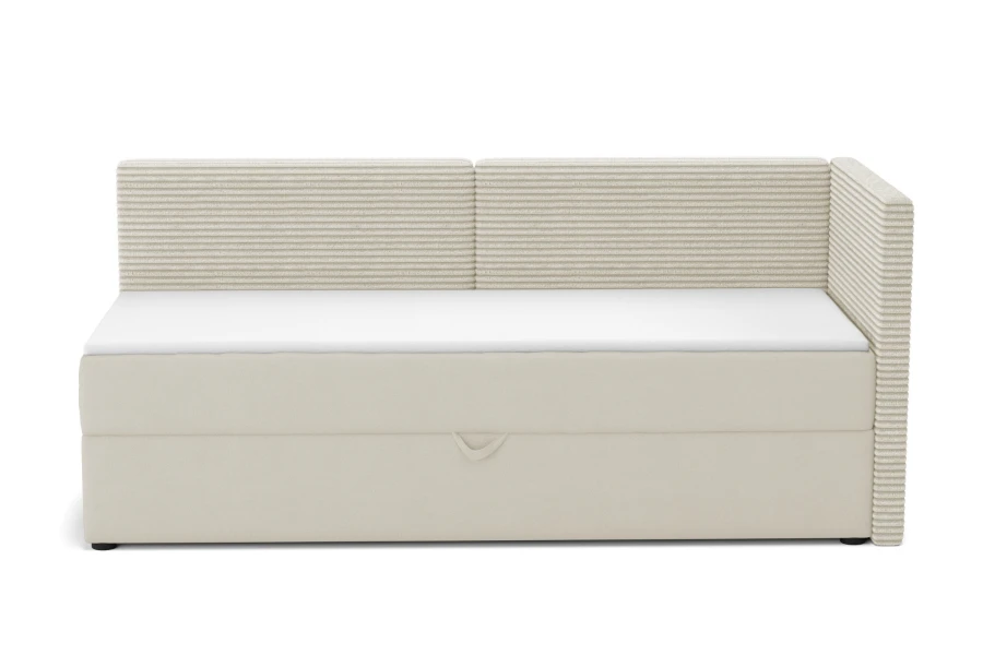 Modernes beiges Boxspringbett mit Cord-Struktur am Kopfteil rechts auf weißem Hintergrund.