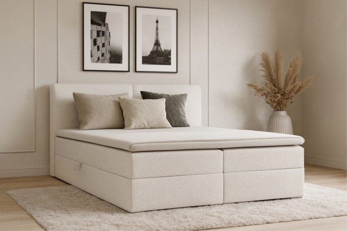 Gemütlich eingerichtetes Schlafzimmer mit dem Lina Boxspringbett in Beige.