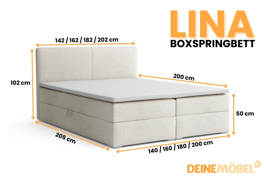 Abmessungen und verfügbare Größen für das Lina Boxspringbett.