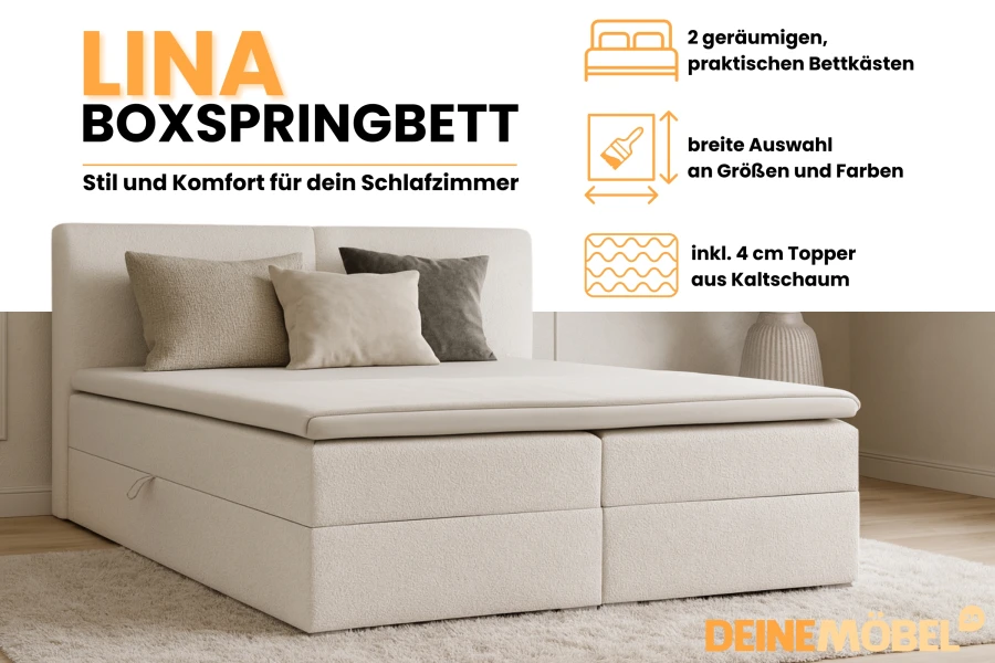 Vorteile des Lina Boxspringbetts: Inklusive Topper und zwei Bettkästen.