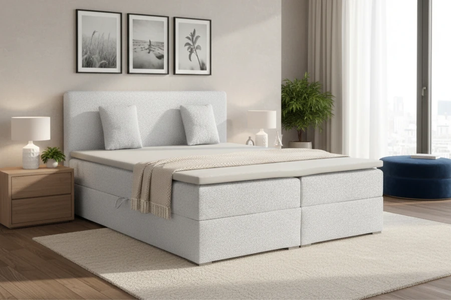 Modern lichtgrijs boxspringbed in een stijlvol ingerichte slaapkamer