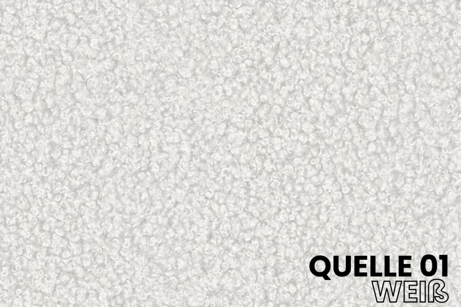 Stoffmuster Quelle 01 in Weiß: Detailaufnahme einer weichen Bouclé-Textur für Polstermöbel.