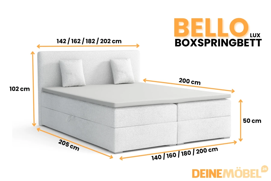Abmessungen des Boxspringbetts Bello Lux mit verschiedenen Breitenoptionen.