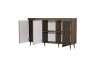 Offenes Sideboard aus dunklem Holz mit Einlegeböden und weißen Innentüren.