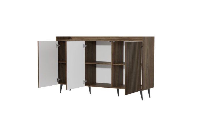Offenes Sideboard aus dunklem Holz mit Einlegeböden und weißen Innentüren.