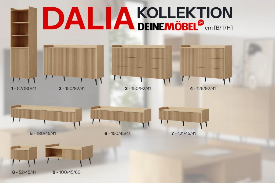 Übersicht der Dalia Möbelkollektion mit verschiedenen Sideboards, TV-Boards und Regalen inkl. Maßen.