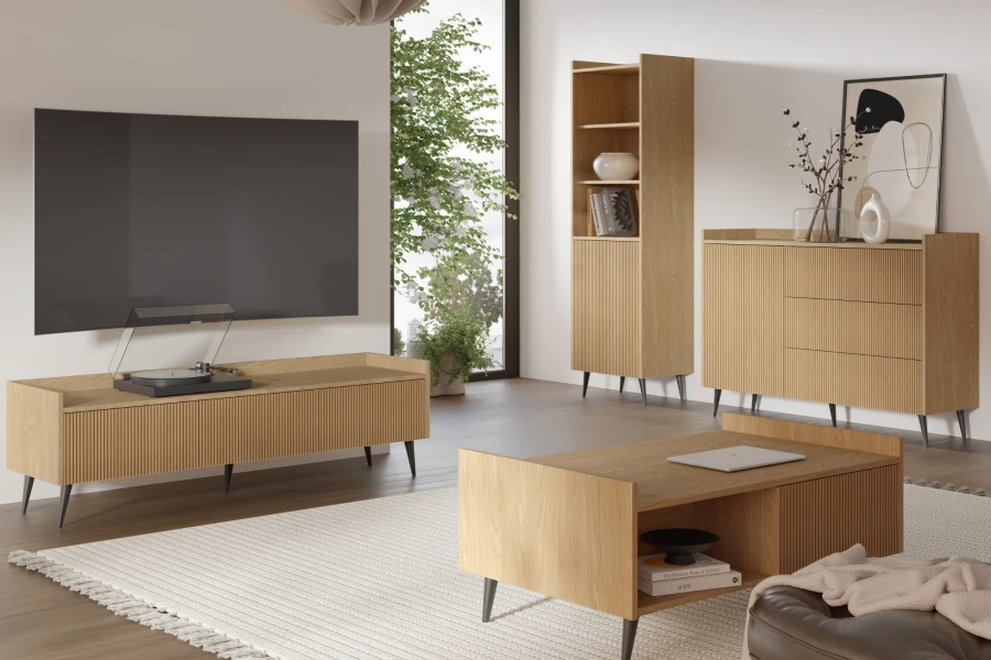 Komplette Wohnzimmereinrichtung der Dalia Serie: TV-Board, Couchtisch und Sideboards in Eiche.